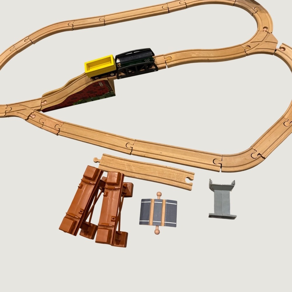 Wooden Train Track toy Set with Bridge and Magnetic Cars lot unbranded
